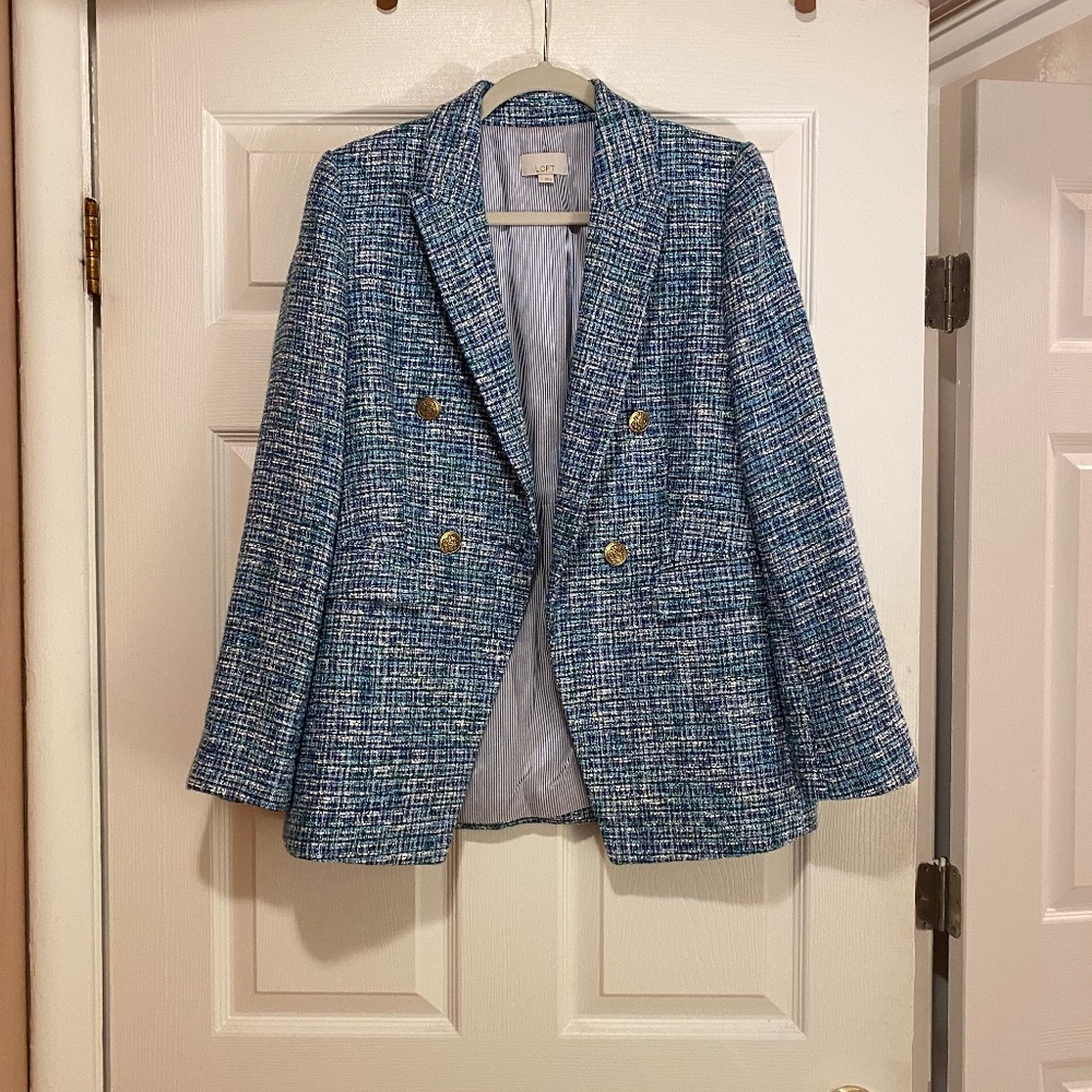 LOFT Tweed Tailored BlueGreen Blazer -Brass Engraved Buttons - Like New - Size 2